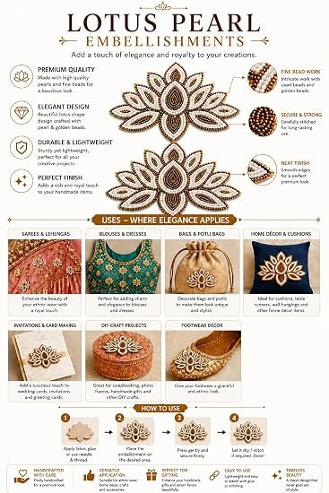 Handcrafted Beaded Lotus Flower Applique Patch, Gold and White, Set of 2 (1 Pair)