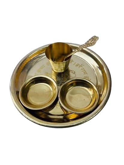 Brass Pooja Thali Set – 5-Piece Traditional Bhog Plate with Spoon, Glass & 2 Katoris | Ideal for Daily Puja, Temple Rituals, Home Mandir & Festive Worship