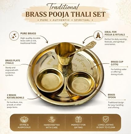 Brass Pooja Thali Set – 5-Piece Traditional Bhog Plate with Spoon, Glass & 2 Katoris | Ideal for Daily Puja, Temple Rituals, Home Mandir & Festive Worship alternate view