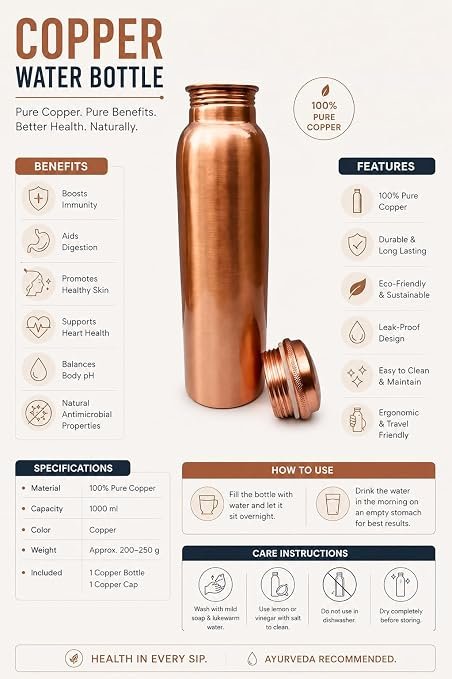100% Pure Copper Water Bottle 1 Litre with Carry Bag | Ayurvedic Health Benefits | Leak Proof | BPA Free | Joint-Free Design | Ideal for Travel, Office, Gym & Daily Use alternate view