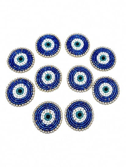 Evil Eye Beaded Patches, Blue and White, Round Shape, Rhinestone Border, Set of 10
