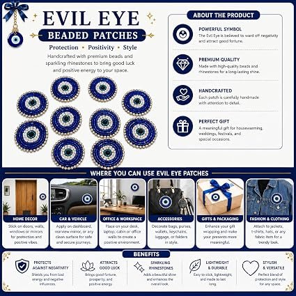 Evil Eye Beaded Patches, Blue and White, Round Shape, Rhinestone Border, Set of 10 alternate view