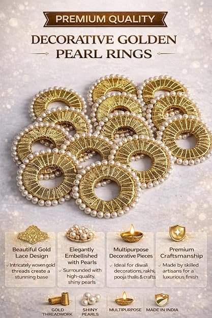 Decorated Golden Gota Moti Chudi Ring | Home Décor | Handmade Craft Ring | Thali Decoration & Festival Craft Work Decorative Craft Appliques (Pack Of 12) alternate view