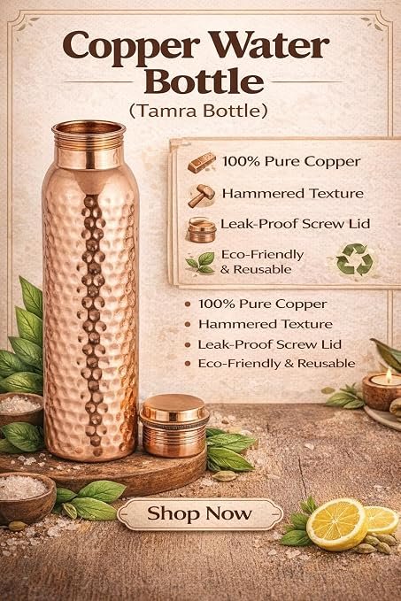 100% Pure Hammered Copper Water Bottle 1 Litre | Ayurvedic Tamra Jal Bottle | Leak Proof Cap | BPA Free | Joint-Free Design | For Home, Office, Gym & Travel alternate view