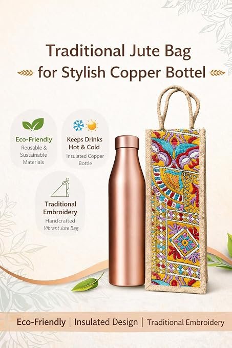 Handmade Jute Wine Bottle Bag | Reusable Water Bottle Cover | Ethnic Printed Gift Bag for Diwali, Wedding & Return Gifts (Multicolor, 1 Pc) alternate view