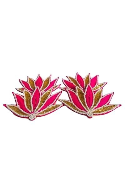 Handcrafted Lotus Embroidery Patch Pack of 4 for Diwali Festive DIY Art & Craft Work (Pink) / Size 10CM X 8CM X 0.5MM /