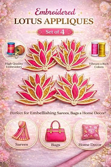 Handcrafted Lotus Embroidery Patch Pack of 4 for Diwali Festive DIY Art & Craft Work (Pink) / Size 10CM X 8CM X 0.5MM / alternate view