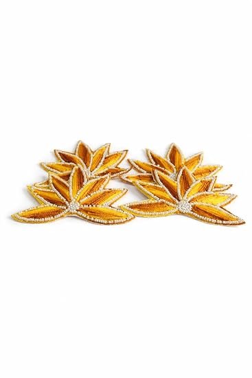 Handcrafted Lotus Embroidery Patch Pack of 4 for Diwali Festive DIY Art & Craft Work Yellow (Golden) / Size 11CM X 8CM X 0.5MM /