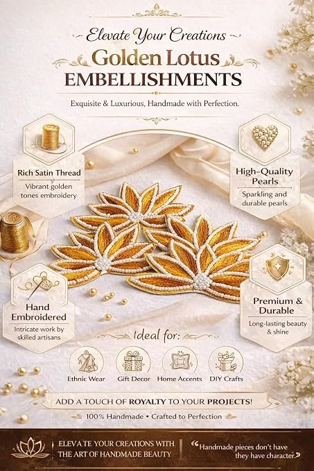 Handcrafted Lotus Embroidery Patch Pack of 4 for Diwali Festive DIY Art & Craft Work Yellow (Golden) / Size 11CM X 8CM X 0.5MM / alternate view