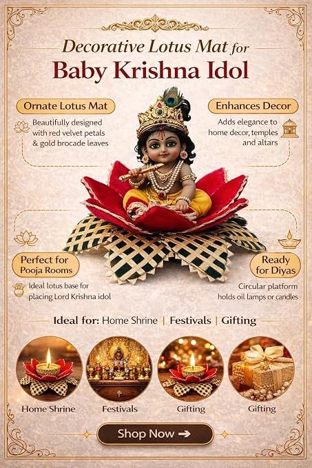 Lotus Kamal Aasan – Handcrafted Decorative Spiritual Home Décor & Religious Pooja Table, Chowki, for Laddu Gopal Mandir Cloth for Ganpati ji Lakshmi Ji, Kanha Ji God Idol Statue Hand Made alternate view
