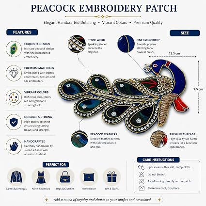 Embroidered Peacock Applique Patch, Multicolour, Real Feathers with Rhinestone Embellishments, Indian Traditional Style (Set of 2,1 Pair) alternate view