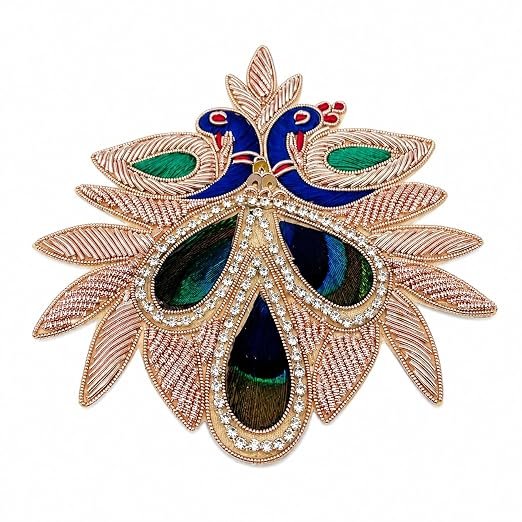 Decorative Handcrafted Peacock Zardosi Patch Work Applique, Rose Gold and Blue, Rhinestone Embellished, Indian Traditional Style (Pack of 1)