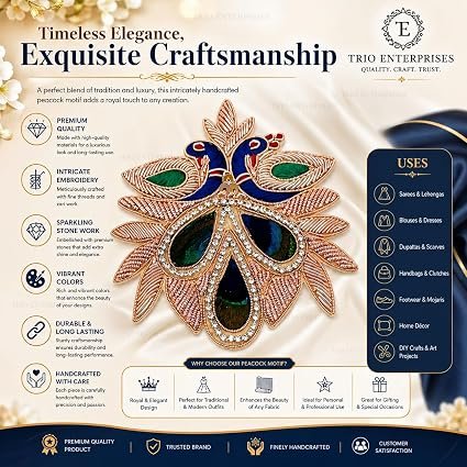 Decorative Handcrafted Peacock Zardosi Patch Work Applique, Rose Gold and Blue, Rhinestone Embellished, Indian Traditional Style (Pack of 1) alternate view