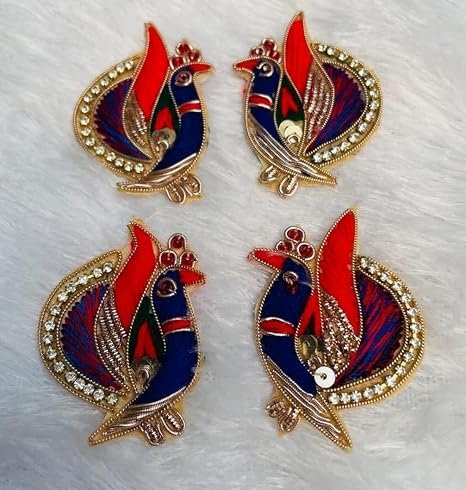 Embroidered Peacock Applique Patches Multicolour, Sequin, Rhine Stone Chain and Zari Work, Set of 4 (2 Pair), Indian Traditional Design