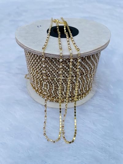 Rhinestone cup chain cream pearl & Emerald Golden, crystal brass catcher chain 2 mm size,Craft Embellishment for Jewellery Making and Decoration (5 meter) alternate view