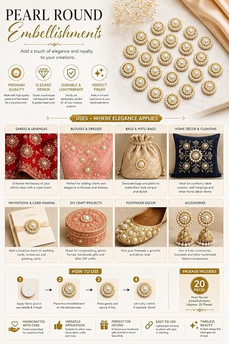 Pearl zardosi Moti Beaded Round Applique Patches, Ivory and Gold, Embellishment for Crafts, Set of 20 alternate view
