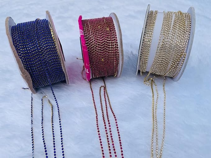 Rhinestone cup chain Pink , Blue & Golden colour crystal brass catcher chain 2 mm size for jwellery making , maggam work , aari embroidery, lehnga, saree , poshak making 5 Meter each colour