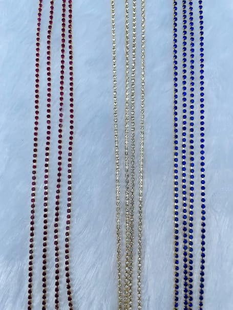 Rhinestone cup chain Pink , Blue & Golden colour crystal brass catcher chain 2 mm size for jwellery making , maggam work , aari embroidery, lehnga, saree , poshak making 5 Meter each colour alternate view