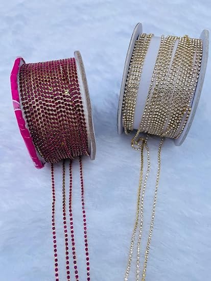 Rhine Stone Cup Chain Pink & Golden Colour Crystal Brass Catcher Chain 2 mm Size for jwellery Making, maggam Work, aari Embroidery, Lehnga, Saree, poshak Making 5 Meter Each Colour