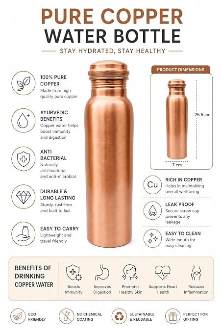 Trio Ecart 100% Pure Copper Water Bottle 1 Litre | Ayurvedic Health Benefits | Leak Proof | BPA Free | Joint-Free Design | Ideal for Home, Office, Gym & Travel alternate view