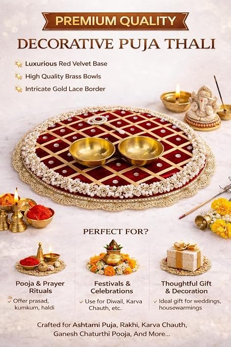 Decorative Pooja Thali with Brass Diyas, Red Velvet, Gold Embellished, Pearl Border, Round alternate view