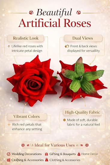 Artificial Red Rose Flower for Puja Decoration, Gifting,Heads, Silk, for Wedding Decoration, DIY Crafts, Home Decor, Pack of 12