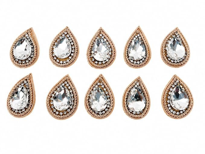 Handmade Rose Gold Color Drop Shape Mirror with zardosi butti Patch Motif Applique for Idol poshak, Saree, Blouse, potli, Purse etc. & Craft Work | Set of 10