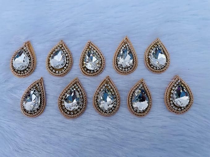 Handmade Rose Gold Color Drop Shape Mirror with zardosi butti Patch Motif Applique for Idol poshak, Saree, Blouse, potli, Purse etc. & Craft Work | Set of 10 alternate view