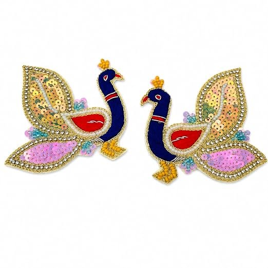 Sequin Peacock Embroidered Applique Patches, Multicolour, Beaded with Rhinestones, Set of 2 (1 Pair), Indian Traditional Style