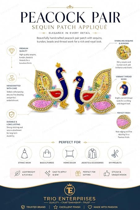 Sequin Peacock Embroidered Applique Patches, Multicolour, Beaded with Rhinestones, Set of 2 (1 Pair), Indian Traditional Style alternate view
