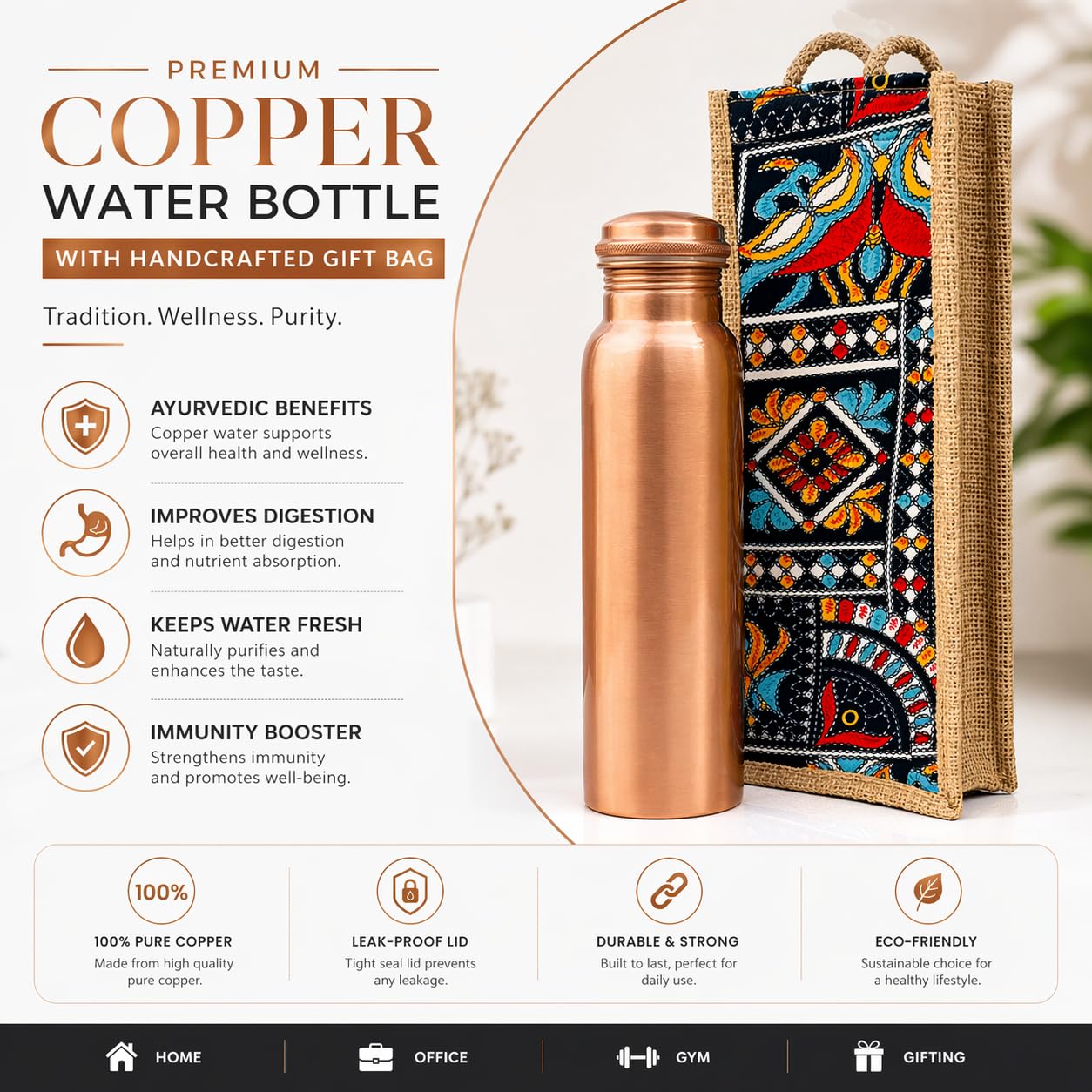 100% Pure Copper Water Bottle 1 Litre with Carry Bag | Ayurvedic Health Benefits | Leak Proof | BPA Free | Joint-Free Design | Ideal for Travel, Office, Gym & Daily Use - Image 4