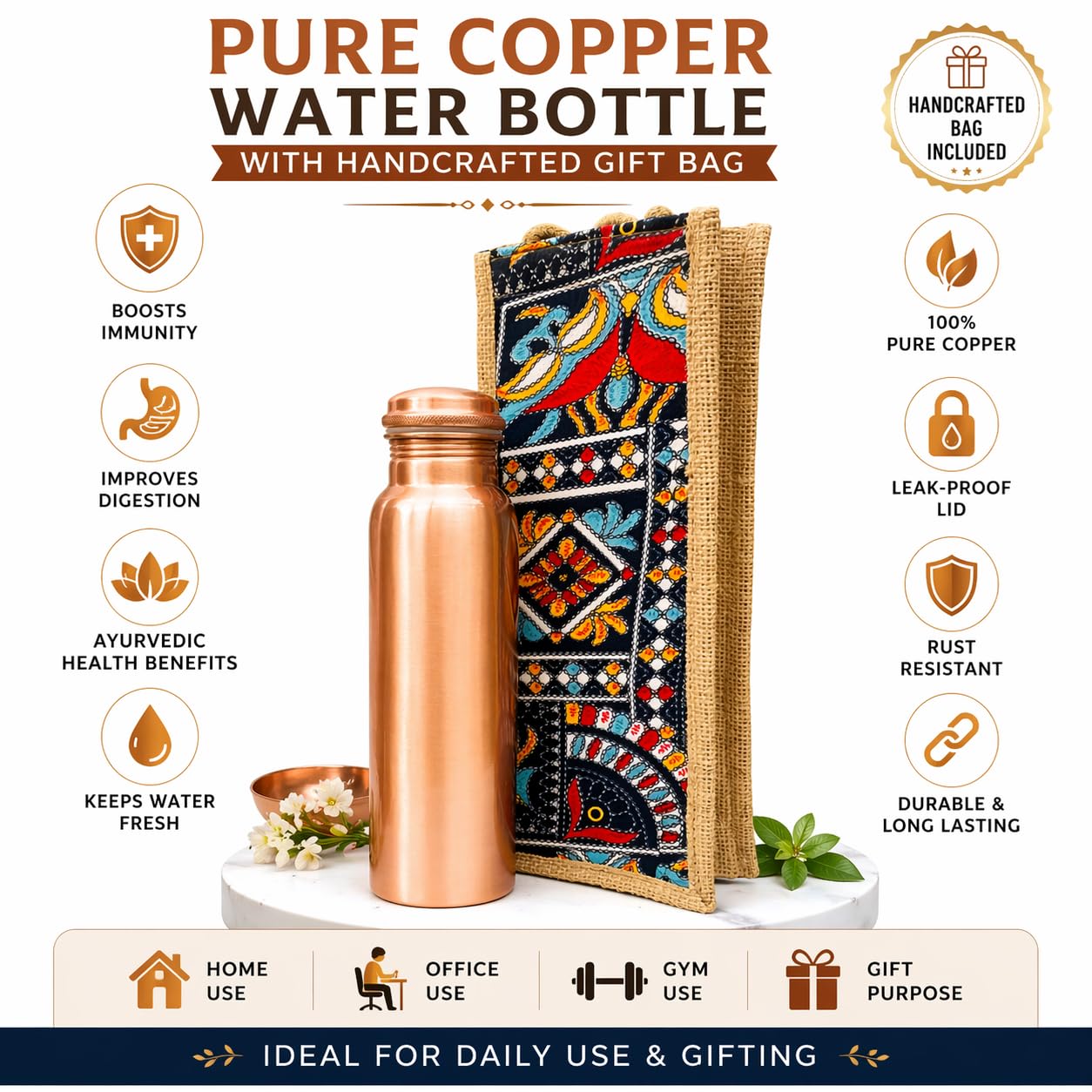 100% Pure Copper Water Bottle 1 Litre with Carry Bag | Ayurvedic Health Benefits | Leak Proof | BPA Free | Joint-Free Design | Ideal for Travel, Office, Gym & Daily Use - Image 3