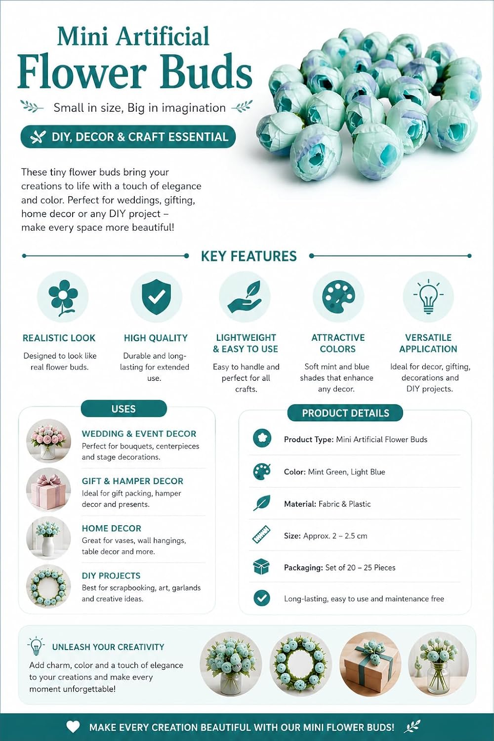 Artificial Peony Flower Buds, Silk, Small Round Blooms, DIY Craft Decoration (Pack of 24) (Blue) - Image 5
