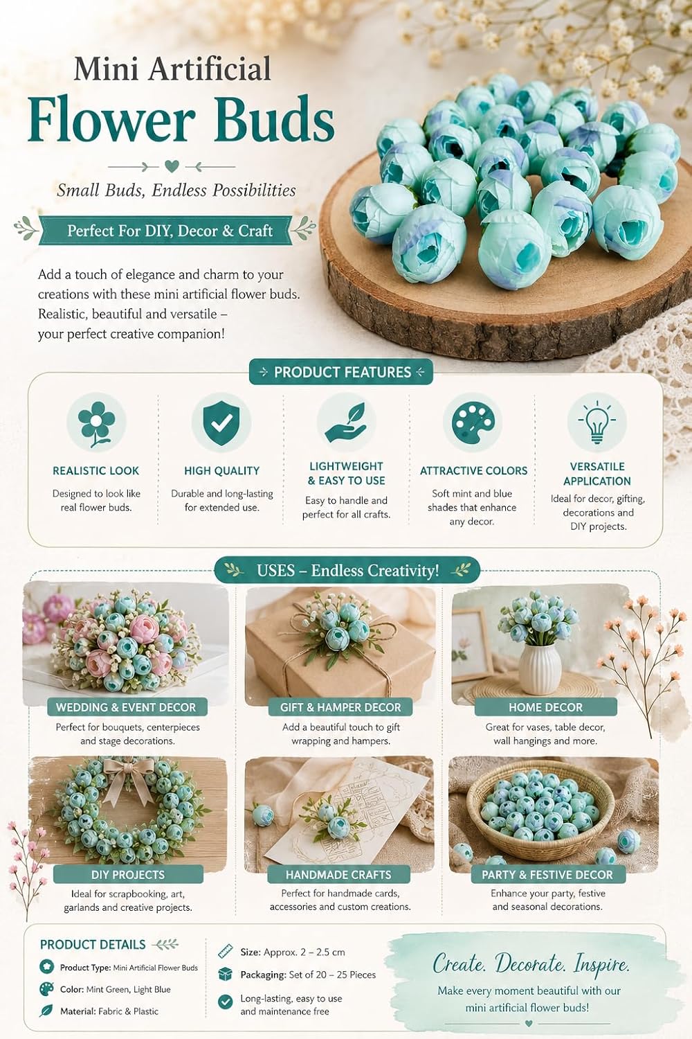 Artificial Peony Flower Buds, Silk, Small Round Blooms, DIY Craft Decoration (Pack of 24) (Blue) - Image 4