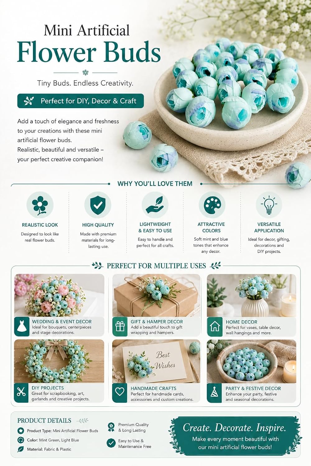 Artificial Peony Flower Buds, Silk, Small Round Blooms, DIY Craft Decoration (Pack of 24) (Blue) - Image 3