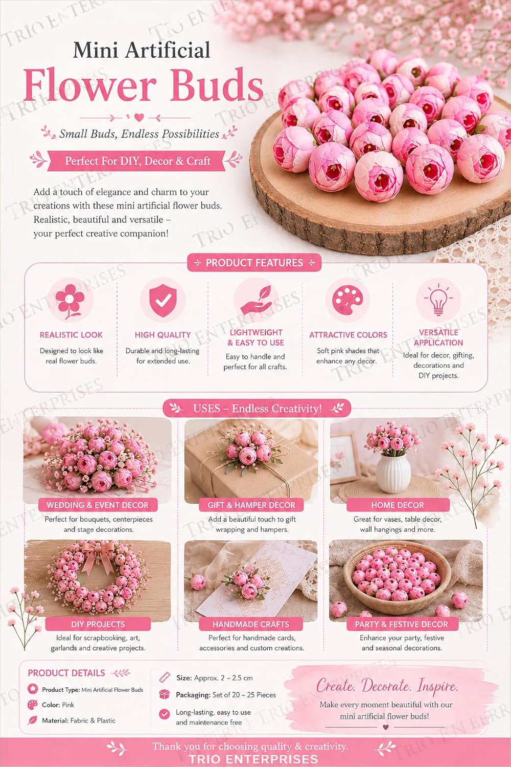 Artificial Peony Flower Buds, Silk, Small Round Blooms, DIY Craft Decoration (Pack of 24) (Pink) - Image 3