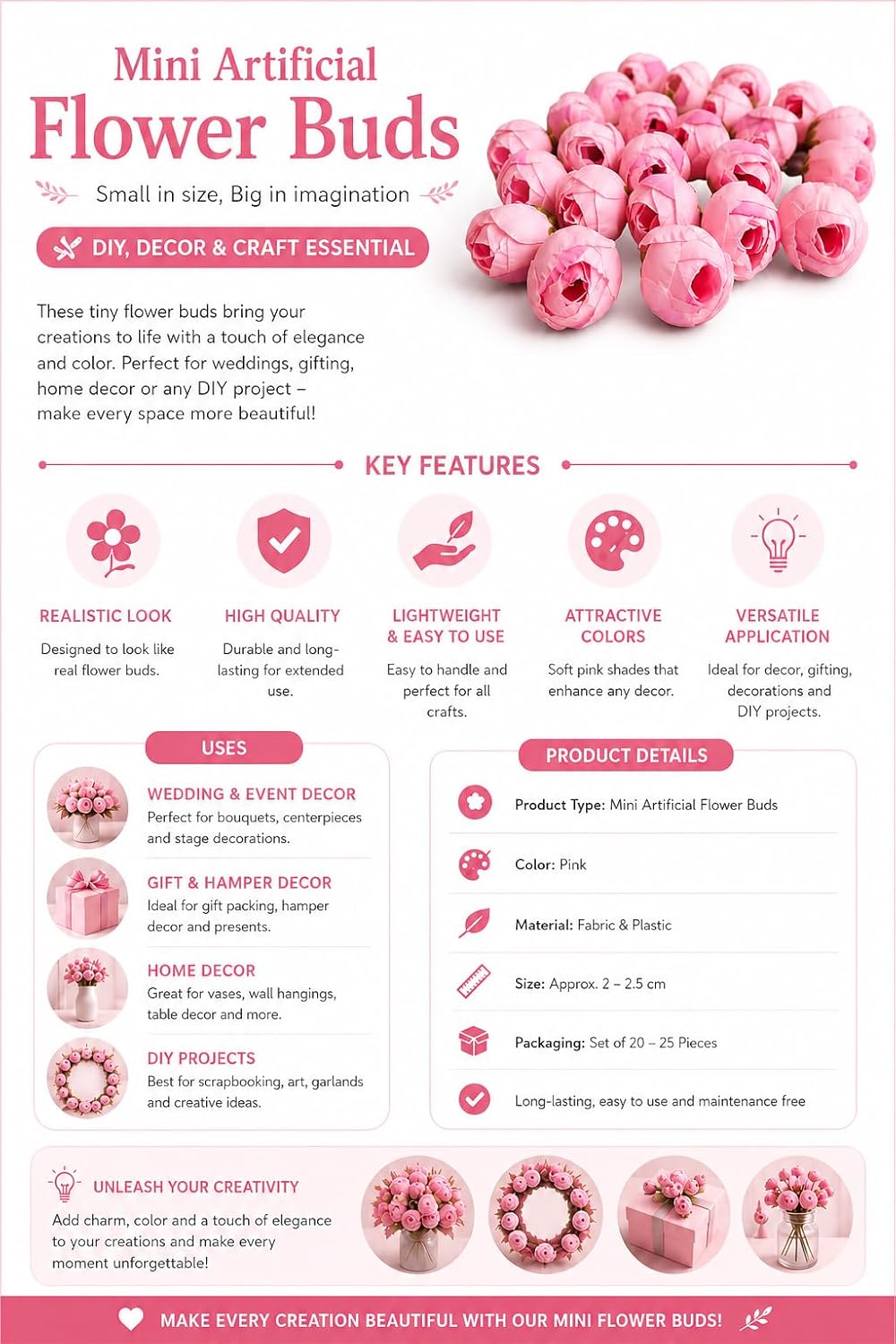 Artificial Peony Flower Buds, Silk, Small Round Blooms, DIY Craft Decoration (Pack of 24) (Pink) - Image 4